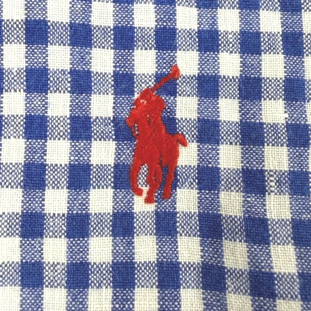 Polo Ralph Lauren Linen Shirt Mens Large Blue Gingham Short Sleeve Custom Fit